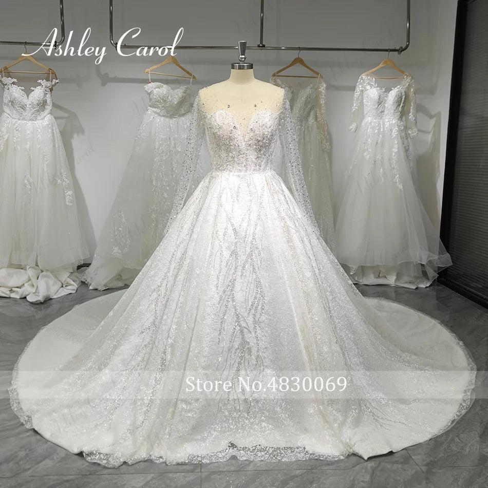 Ashley Carol Luxury Wedding Dresses For Women Real Photos Long Sleeve Princess Sparkling Beaded Bridal Dress Vestidos De Novia