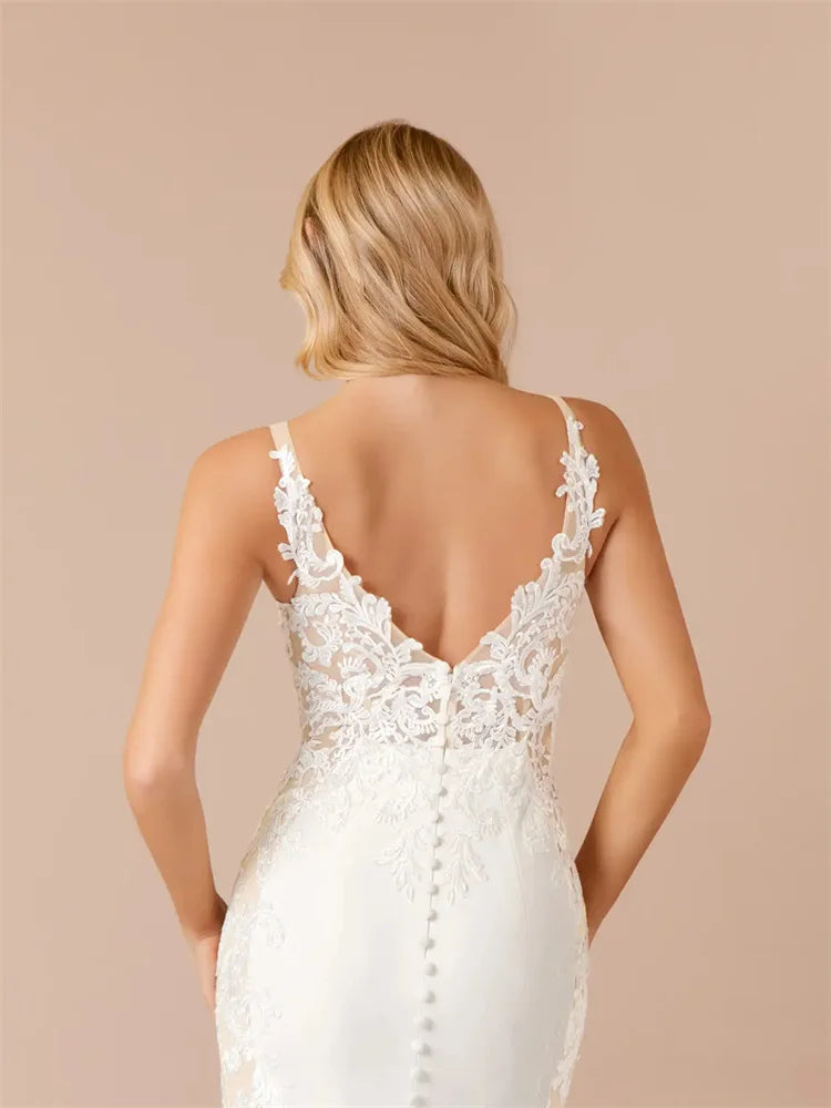 Customized Thin Straps Sweetheart Neckline Satin Mermaid Wedding Dress Sexy Zipper Back Floor Length Sweep Train Gown For Women