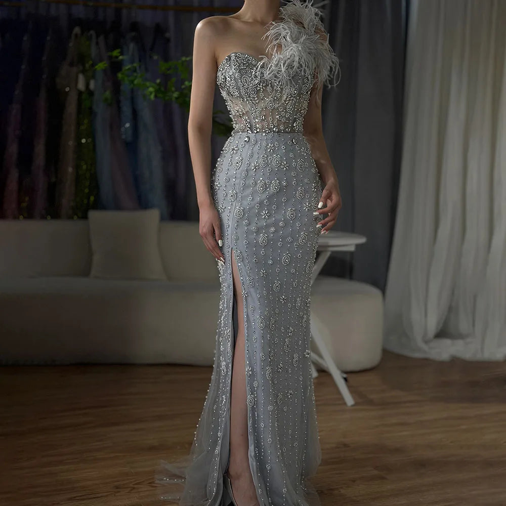 Zapdress Gray Mermaid One Shoulder High Split Beaded Feather Evening Dress Party Gowns for Women DLA72347 Customized (ZD17357)