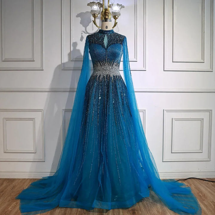 Elegant Modest Blue Beaded Evening Dress with Cape Sleeves Dubai Gown Zapdress 2025 Customized DLA73059