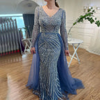 Serene Hill Customized Blue Grey V-Neck Mermaid Beaded Overskirt Evening Dresses Elegant Party Gowns For Women DLA71750