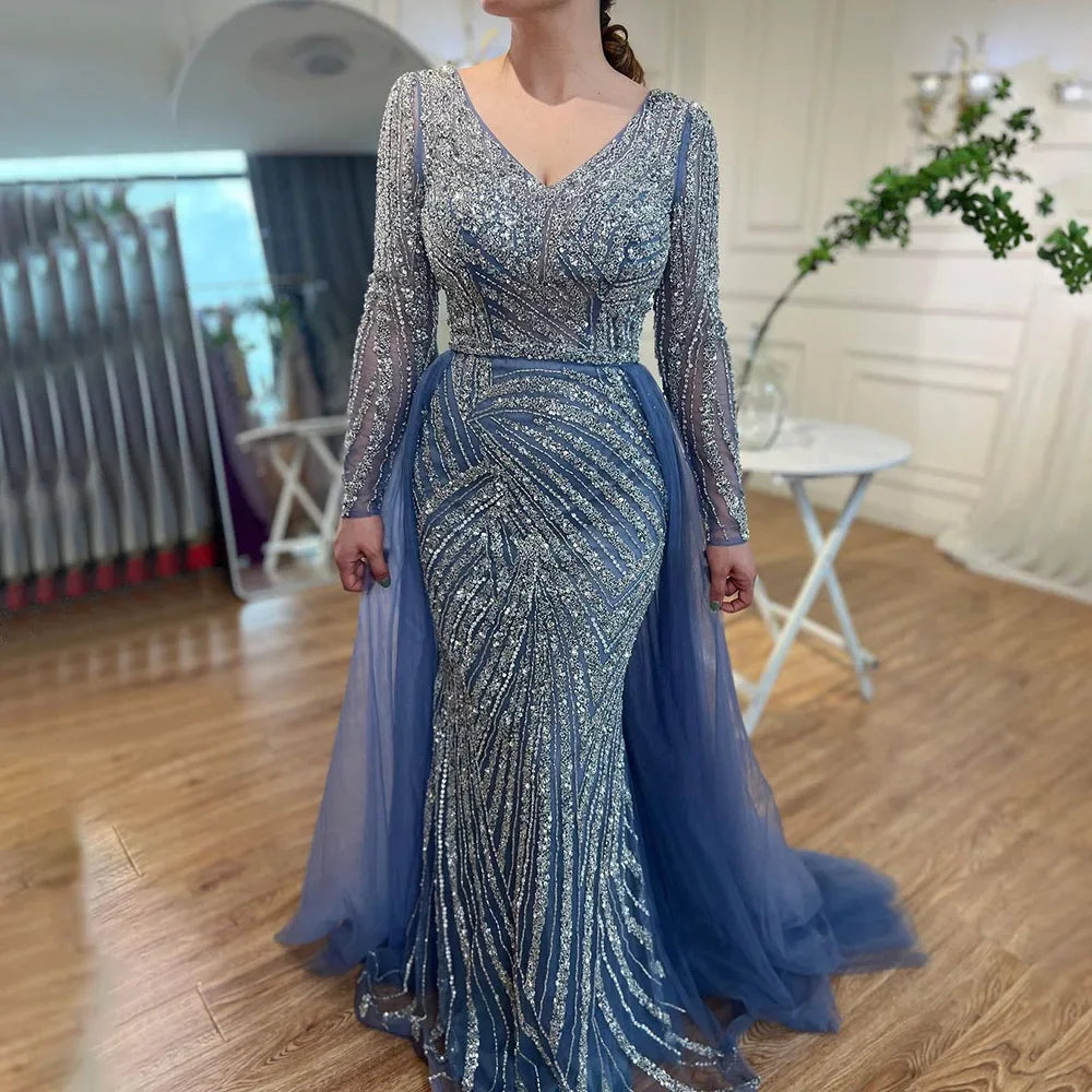 Serene Hill Customized Blue Grey V-Neck Mermaid Beaded Overskirt Evening Dresses Elegant Party Gowns For Women DLA71750