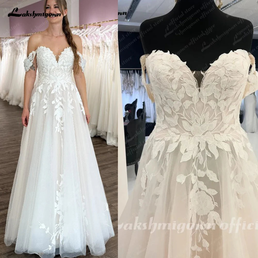 ZapDress Off Shoulder Wedding Gown Sweetheart Lace Appliques Women Wedding Dress with Cap Sleeve 2025 Bridal Gown Customized