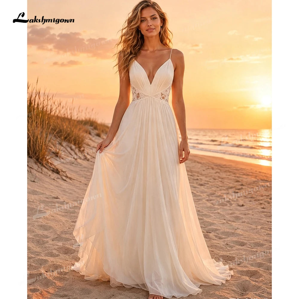 Elegant Deep V Spaghetti Strap Boho Wedding Dress Cutout Chiffon A Line Bridal Gowns Lace Wedding Gowns Beach Customized