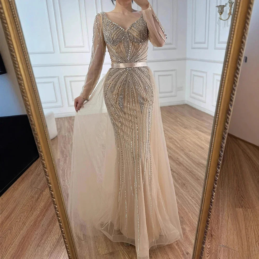 Serene Hill Pink V-neck Long Sleeves Beaded Evening Dress with Detachable Overskirt Party Gown for Women Customized DLA73156