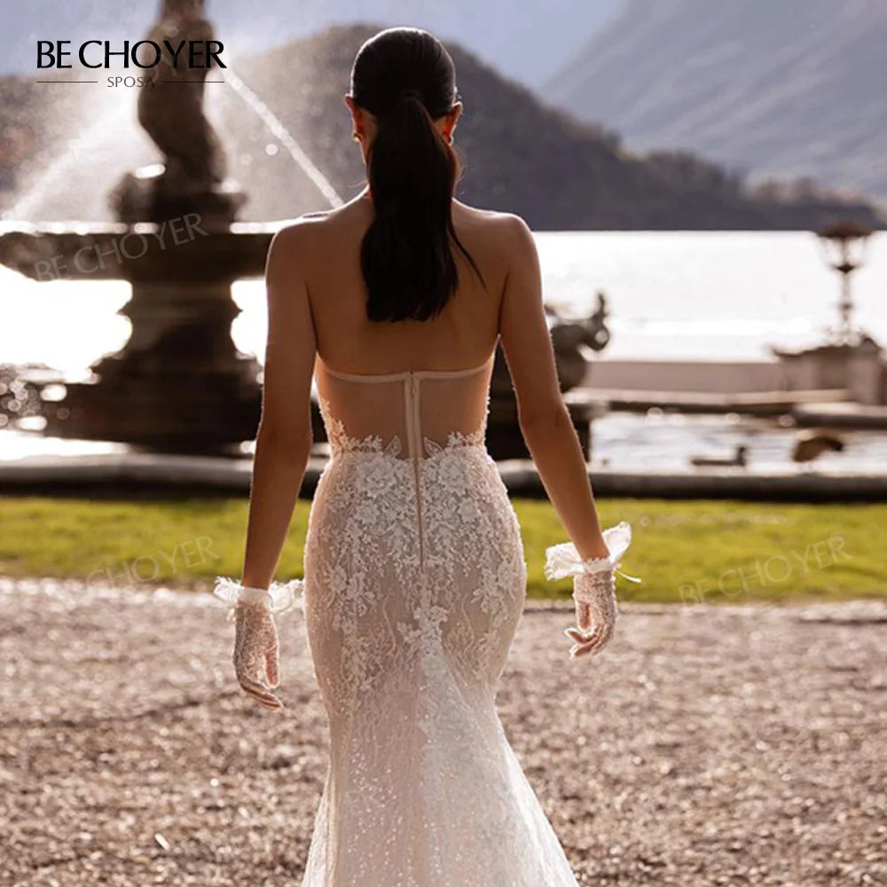 Sleeveless Mermaid Wedding Dress 2026 Sweetheart Lace Backless Bride Gown Princess BECHOYER RY147 Customized Vestido De Noiva