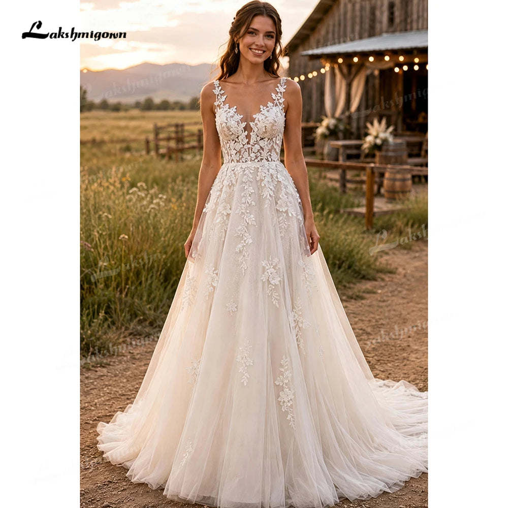 Deep V Lace Strap Boho Wedding Dress Floral Applique Bridal Gowns Glitter Tulle A Line Chapel Train Wedding Gowns Customized