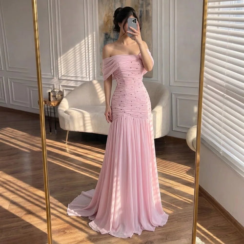 Zapdress Pink Chiffon Mermaid Evening Gowns 2026 Elegant Mermaid Off-Shoulder Pleated Ruched Prom Dresses LA73347 Customized (ZD17312)