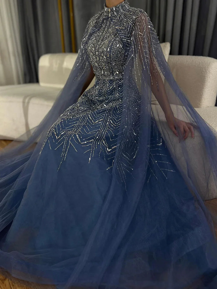Serene Hill Customized 2025 Blue Beaded A-Line Cape Sleeves Formal Evening Dresses Elegant Party Gowns for Women DLA72728