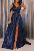 Navy Blue One-Shoulder Sequins Prom Dresses Sexy A-Line Side-Slit Cheap Evening Gowns S5920 by simplepromdress