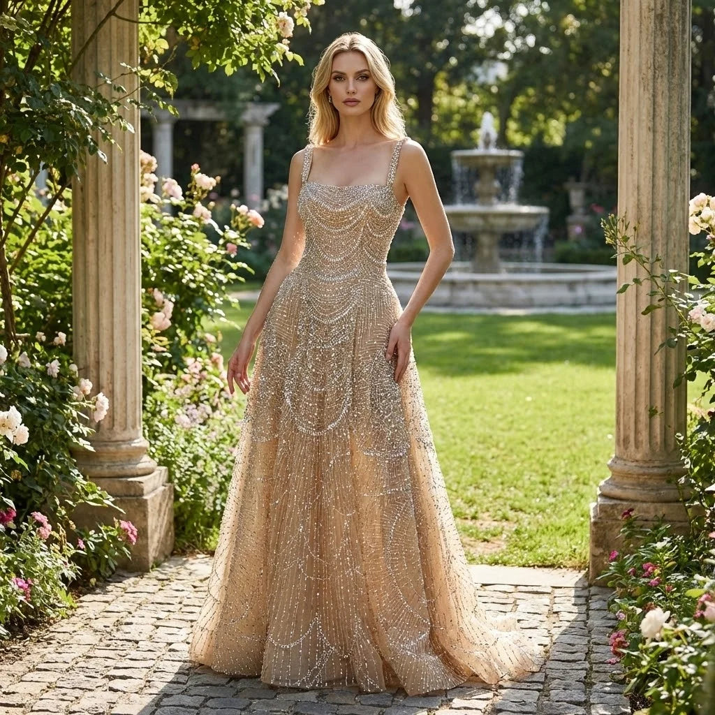 Zapdress Customized Nude Prom Dress Spaghetti Strap Lace-up Back Evening Gown Crystal Beaded Party Gwons for Women DLA72983A (ZD17352)