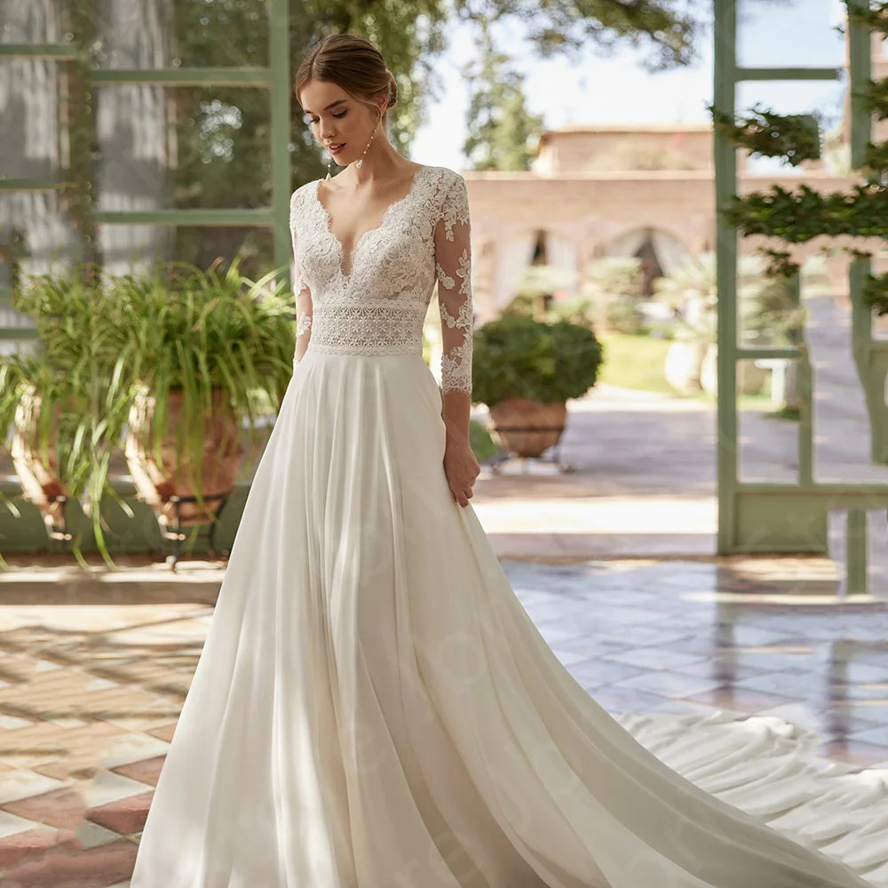 Latest Summer Boho Wedding Dresses Lace Beach Bridal Gowns 2024 Bride Dress V Neckline Wedding Gowns 3/4 Sleeves Illusion Back