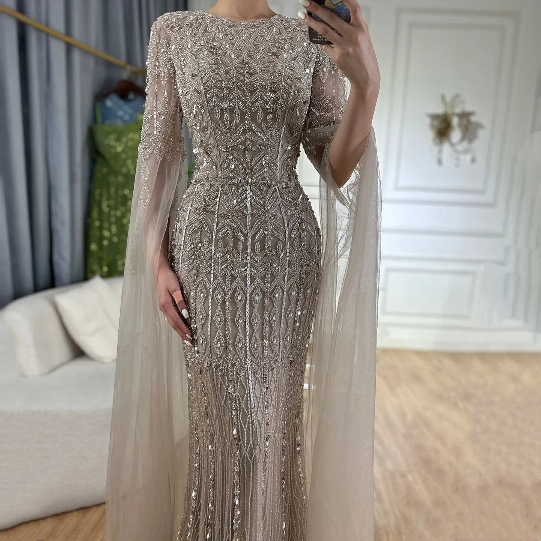 Zapdress Caramel Mermaid Beaded Evening Dresses with Cape Sleeve Elegant Party Gowns for Women DLA72775 Customized (ZD17375)