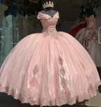 Sweet Pink Off The Shoulder Tulle LaceAppliques Ball Gown Quinceanera Dress Y7728 by simplepromdress