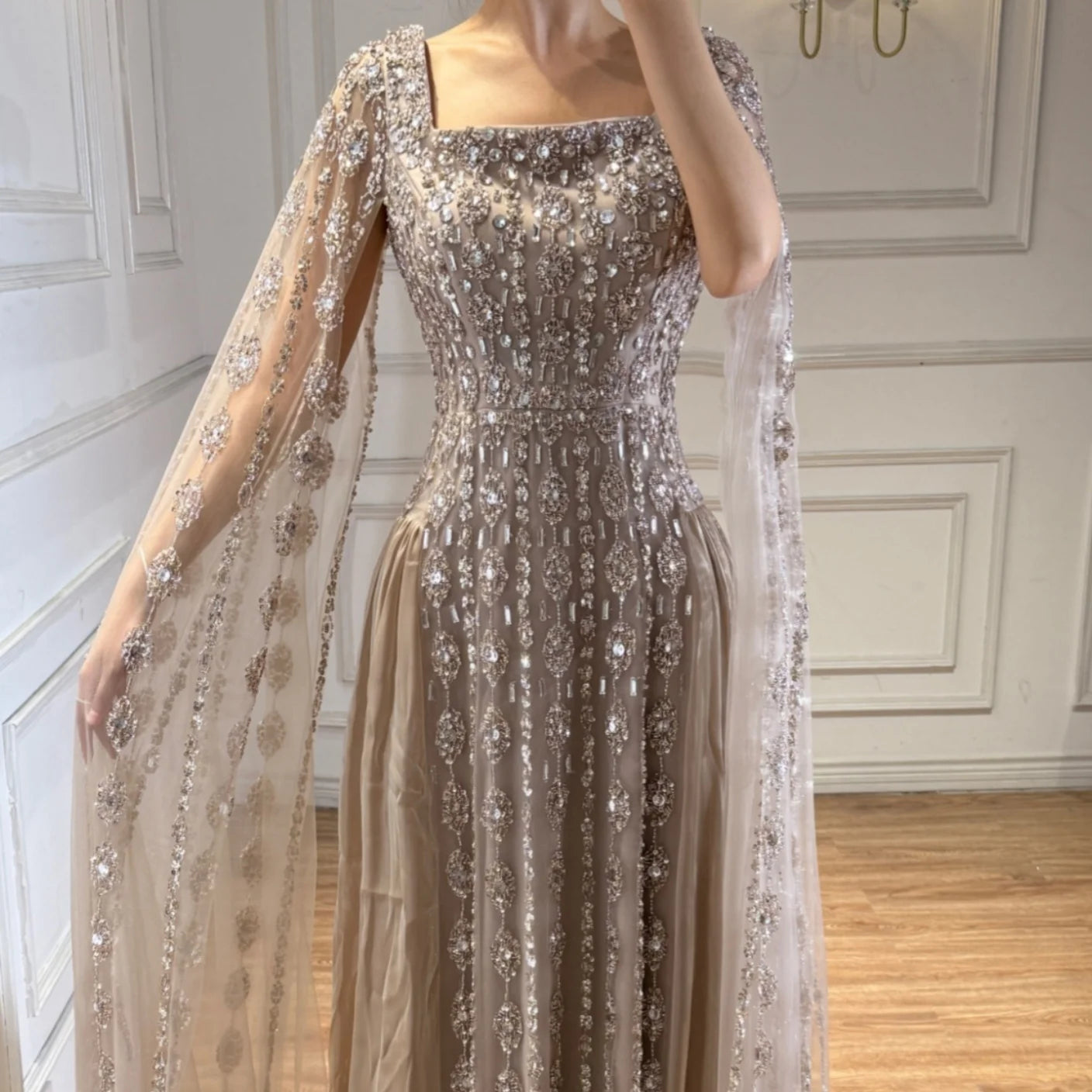 Zapdress Luxury Beaded Evening Gown Elegant Cape Sleeve Square Neck Muslim Wedding Party Dress 2026 DLA73272 Customized (ZD17380)