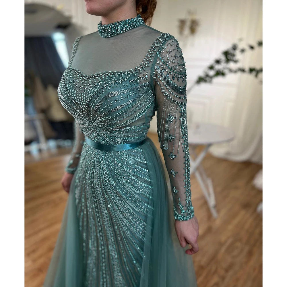 Zapdress Customized Nude Long Sleeves Beaded Mermaid Dubai Evening Dresses 2025 Muslim Party Gowns for Veiled Women (ZD17327)