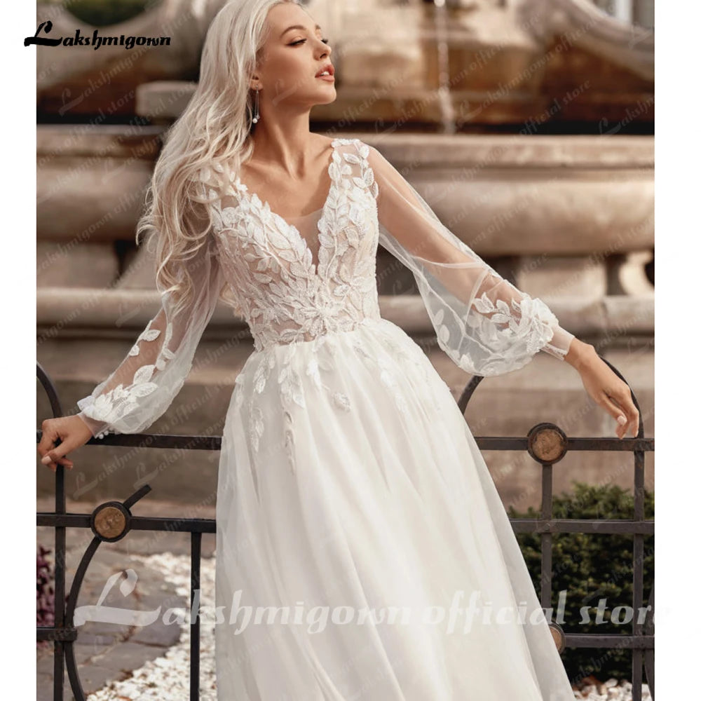 ZapDress Lace Tulle Beach Wedding Dresses Vestidos V Neck Women Long Boho Bride Gowns vestidos para eventos especiales