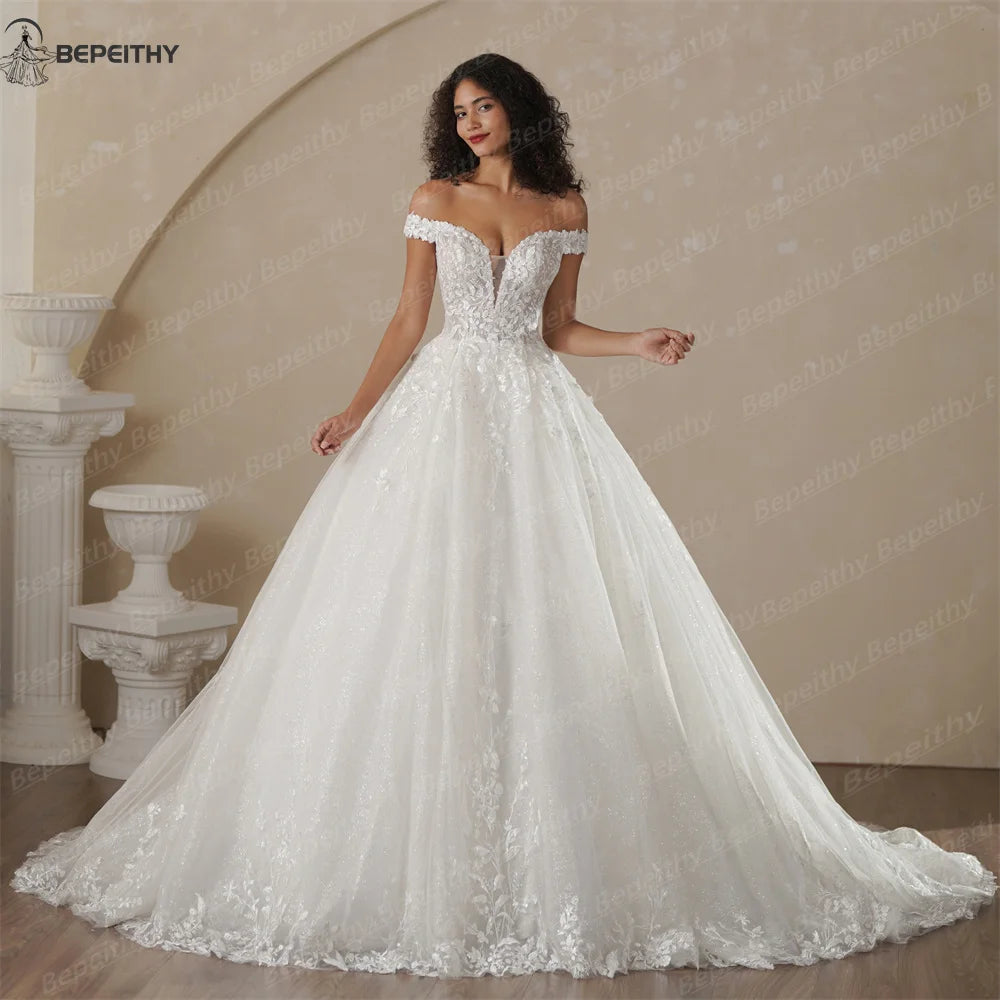 BEPEITHY Customized Off The Shoulder Lace Wedding Dresses For Women 2025 Glitter Bride Ivory Bridal Gown Vestidos De Novia Boda