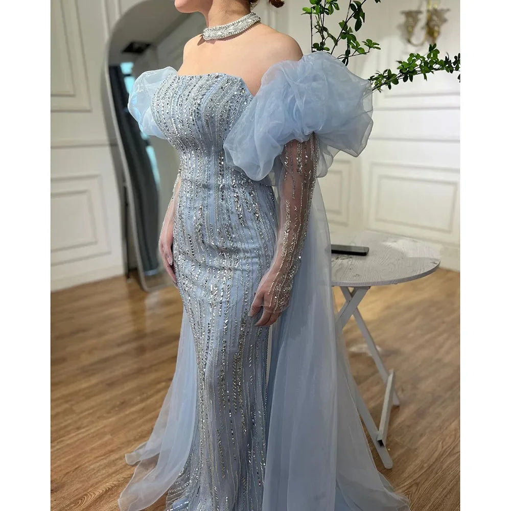 Zapdress Customized Blue Mermaid Puff Sleeves Beaded Evening Dresses Dubai Elegant Party Gowns For Women 2024 (ZD17343)