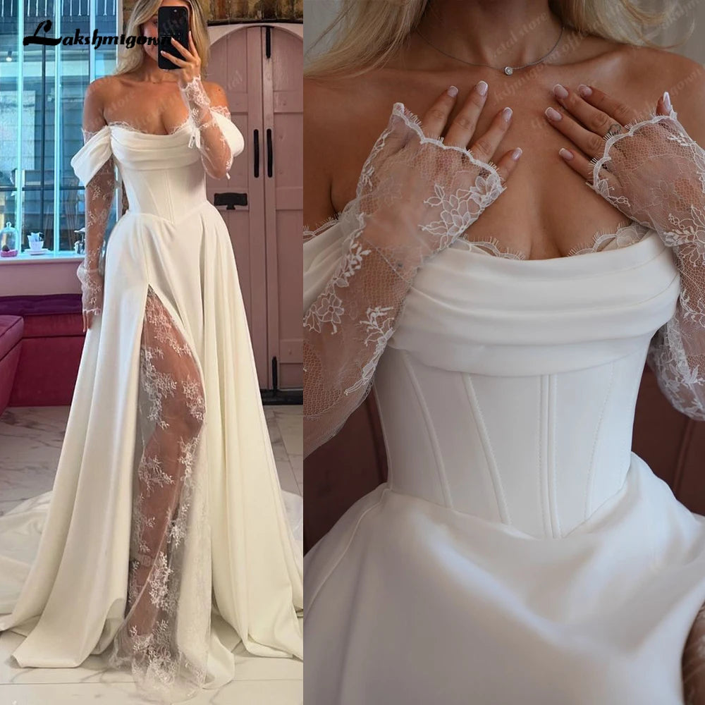 ZapDress Off The Shoulder Pleat Satin Wedding Dresses Customized Long Sleeves A-Line Bridal Gowns Sweep Train Bridal Dresses