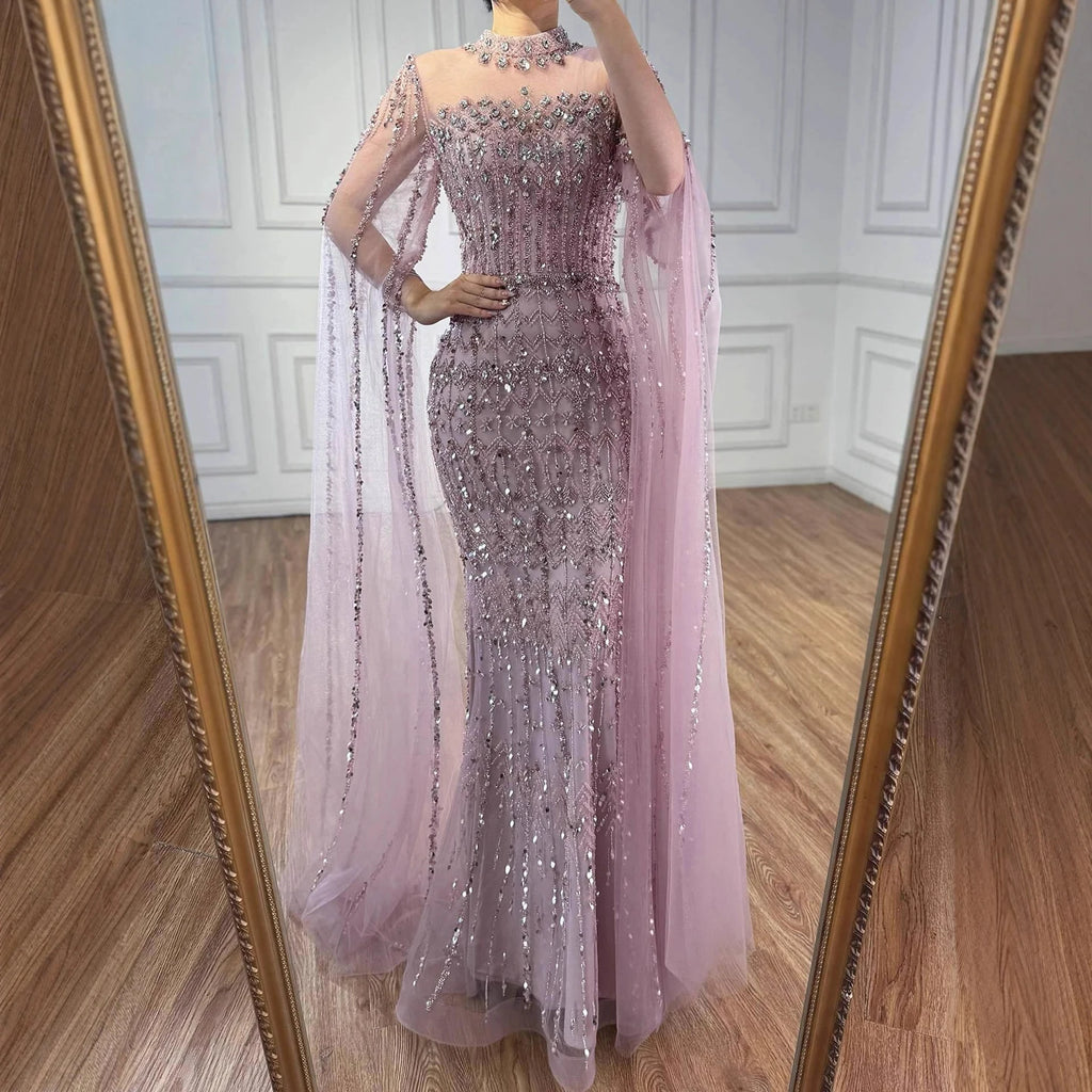 Serene Hill Dubai Blue Beaded Evening Dress with Cape Sleeves 2025 Formal Party Gowns for Women DLA72714A Customized