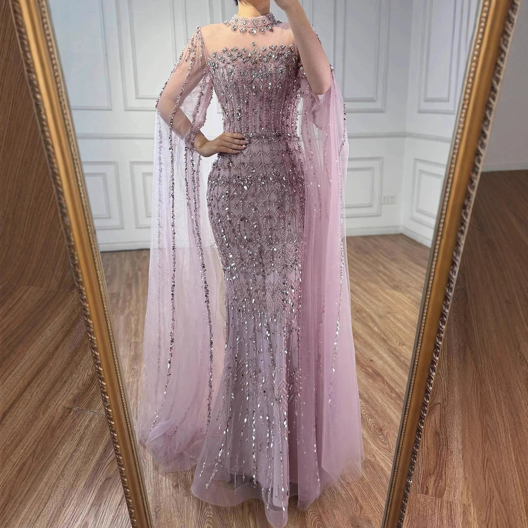Serene Hill Dubai Blue Beaded Evening Dress with Cape Sleeves 2025 Formal Party Gowns for Women DLA72714A Customized