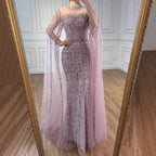 Serene Hill Dubai Blue Beaded Evening Dress with Cape Sleeves 2025 Formal Party Gowns for Women DLA72714A Customized