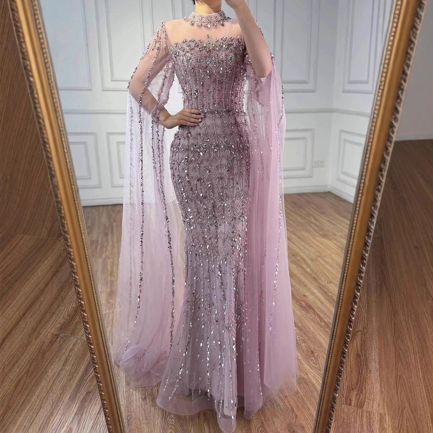 Serene Hill Dubai Blue Beaded Evening Dress with Cape Sleeves 2025 Formal Party Gowns for Women DLA72714A Customized