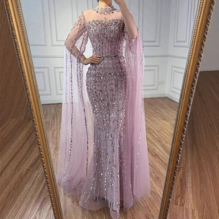 Serene Hill Dubai Blue Beaded Evening Dress with Cape Sleeves 2025 Formal Party Gowns for Women DLA72714A Customized
