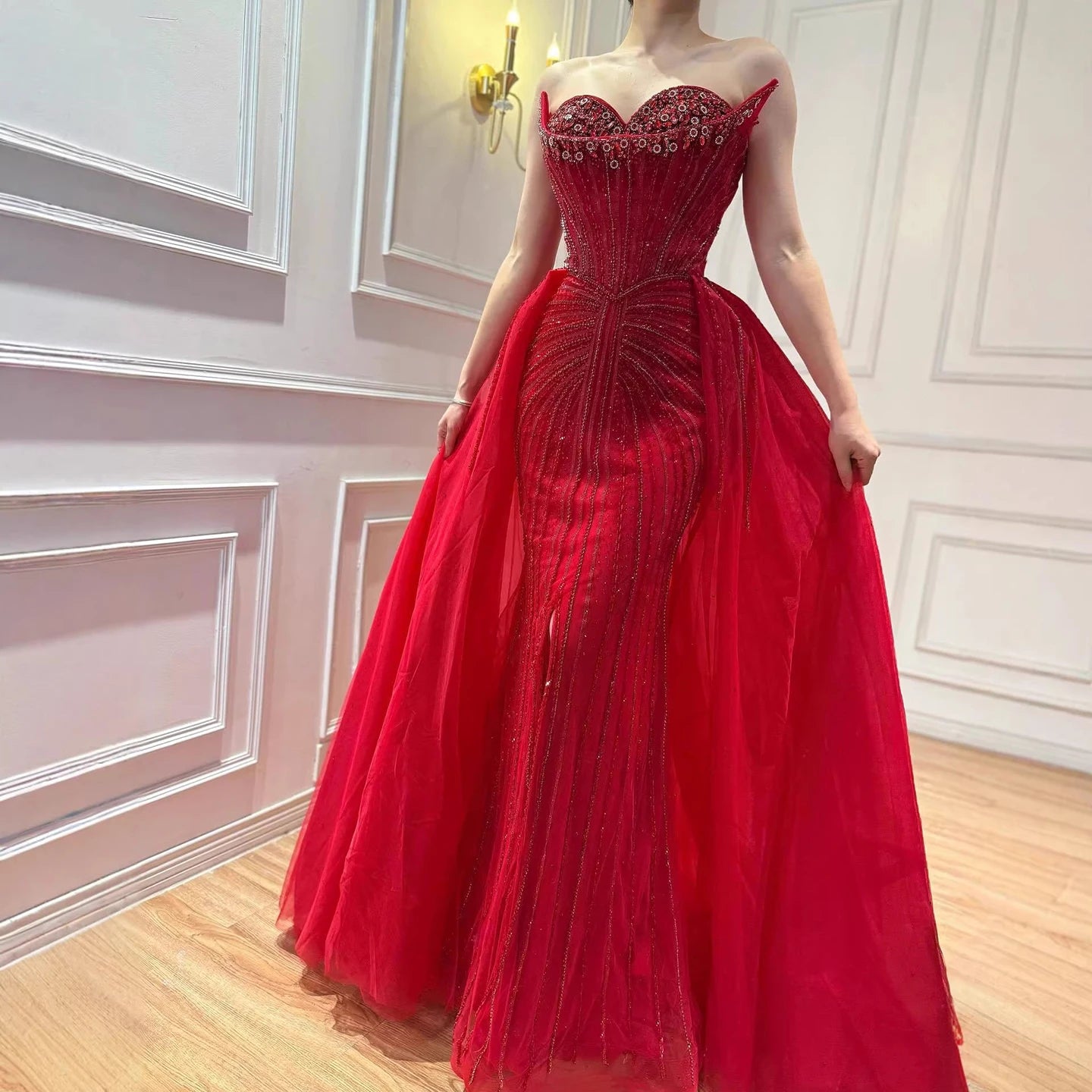 Serene Hill Customized 2025 Pink Crystal Beaded Saudi Mermaid Evening Dresses Gowns with Overskirt for Formal Occasion DLA72811