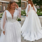 ZapDress Plus Size Long Wedding Dress Puff Sleeves V Neck Sweep Train A Line Tulle Robe De Mariage Bridal Dress Customized
