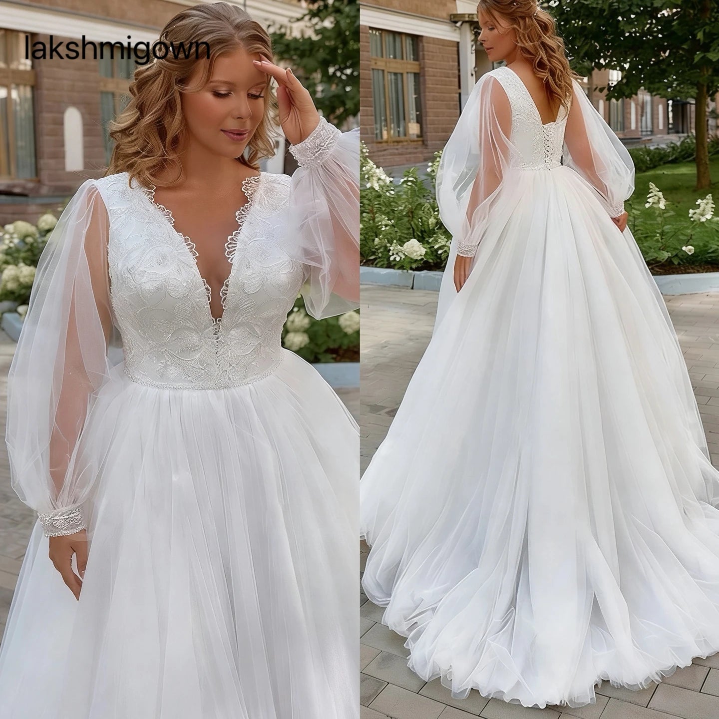 ZapDress Plus Size Long Wedding Dress Puff Sleeves V Neck Sweep Train A Line Tulle Robe De Mariage Bridal Dress Customized