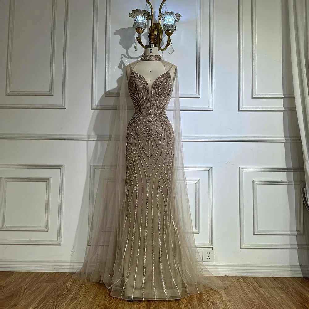 Zapdress 2025 Customized Dubai Caramel Mermaid Arabic Evening Dresses with Beaded Cape Sleeves for Party (ZD17351)