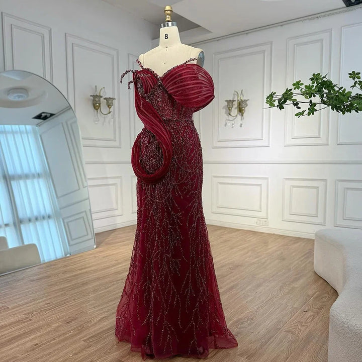 Serene Hill Wine Red Mermaid One Shoulder Beaded Cut Out Evening Dresses Classic Party  Gowns for Women DLA72455 Customized