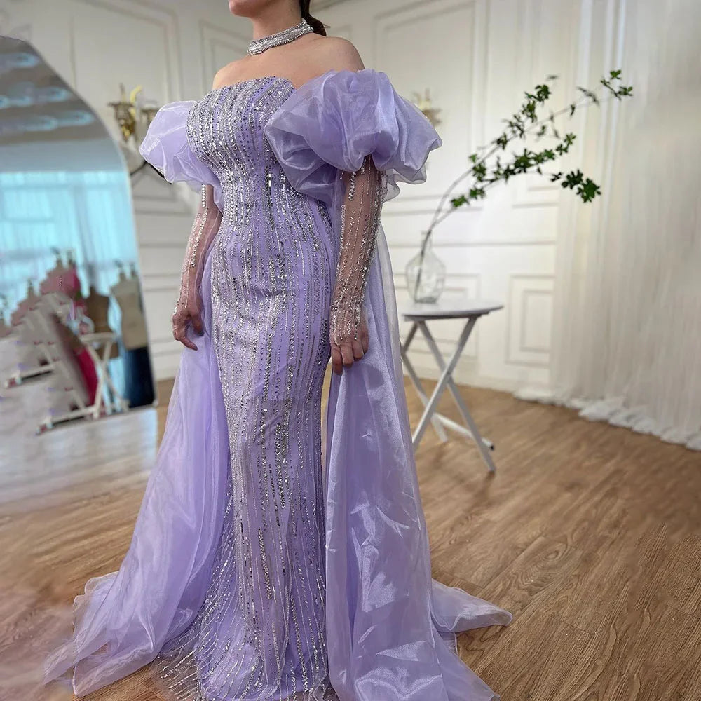 Zapdress Customized Blue Mermaid Puff Sleeves Beaded Evening Dresses Dubai Elegant Party Gowns For Women 2024 (ZD17343)