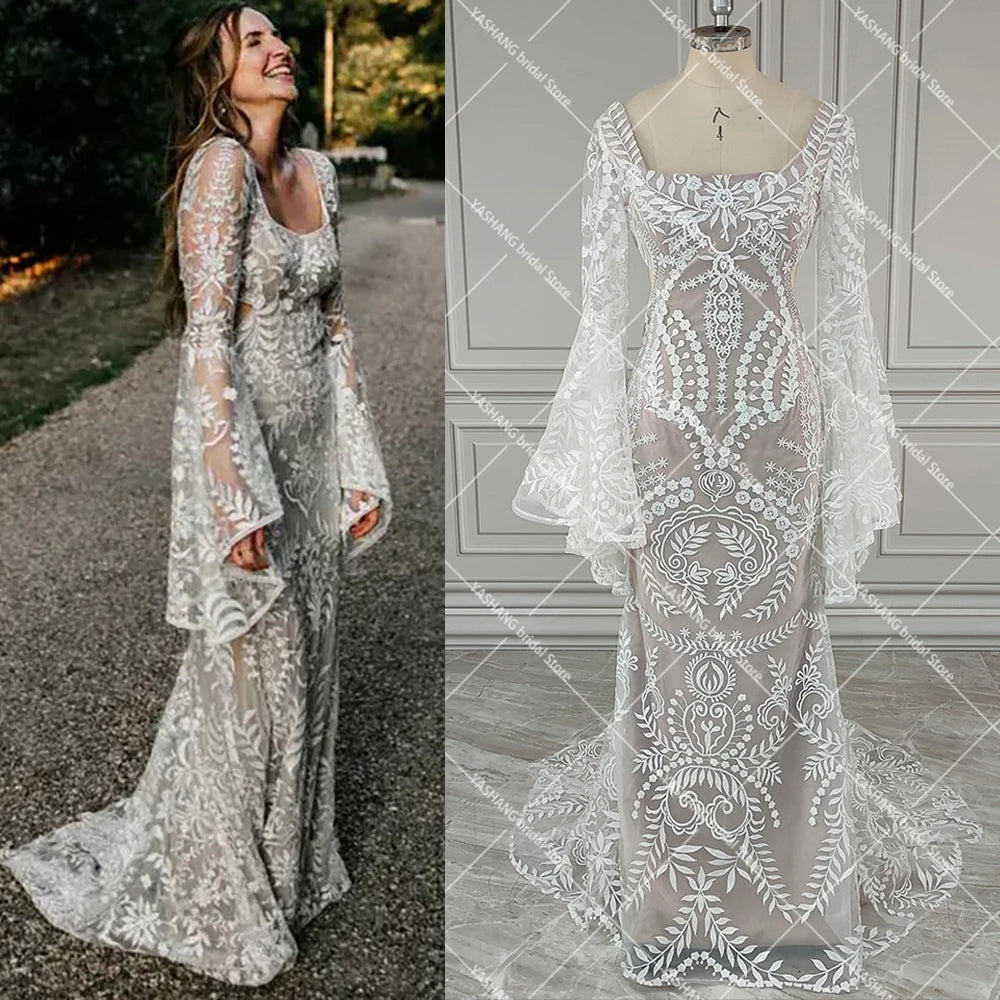 Boho Long Batwing Sleeves Lace Wedding Dress Drop Ship Customized Mermaid Rustic Beach 2026 Square Neck Open Back Bridal Gowns