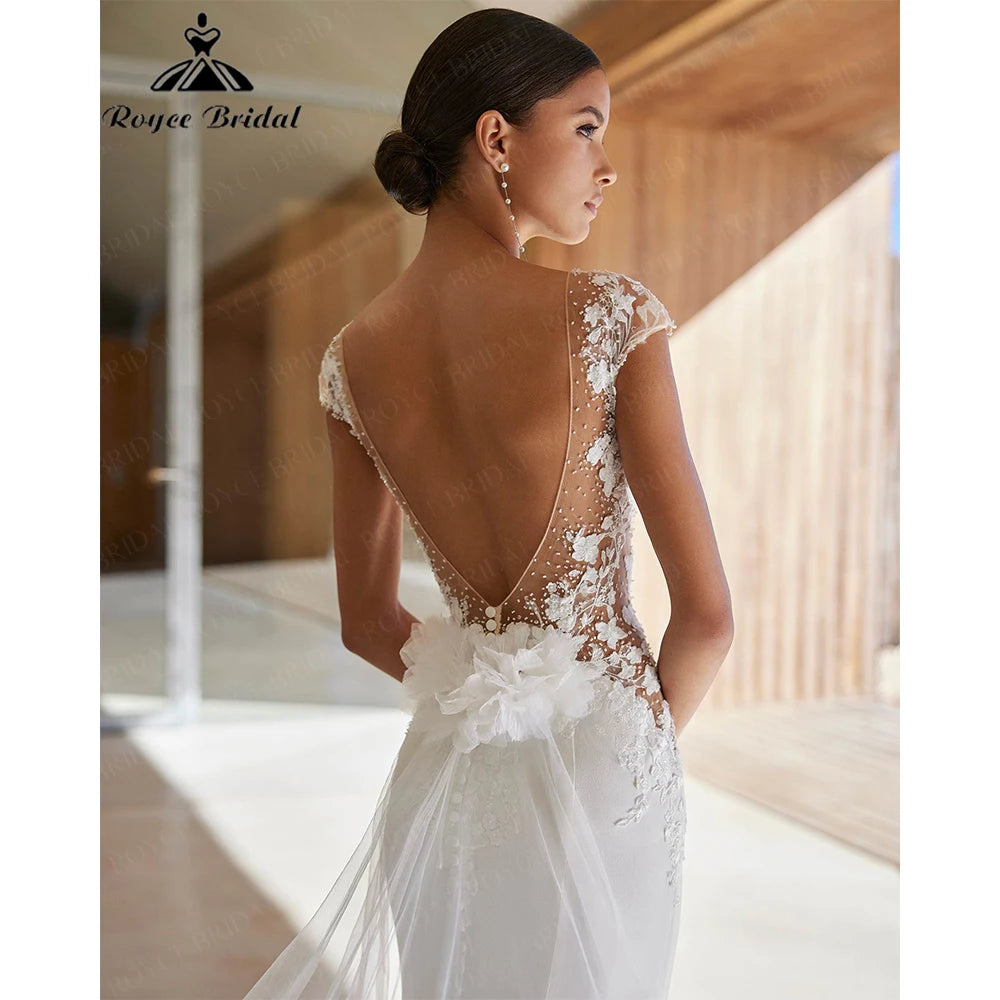 RoyceBridal Cap Sleeve Lace Mermaid Wedding Dress Low Back 3D Floral Appliques Bridal GownVestido De Novia Boda Customized