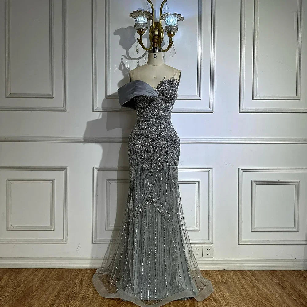 Zapdress 2025 Dubai Grey Mermaid One Shoulder Beaded Long Evening Dresses Gowns For Formal Occasion DLA72650 Customized (ZD17326)