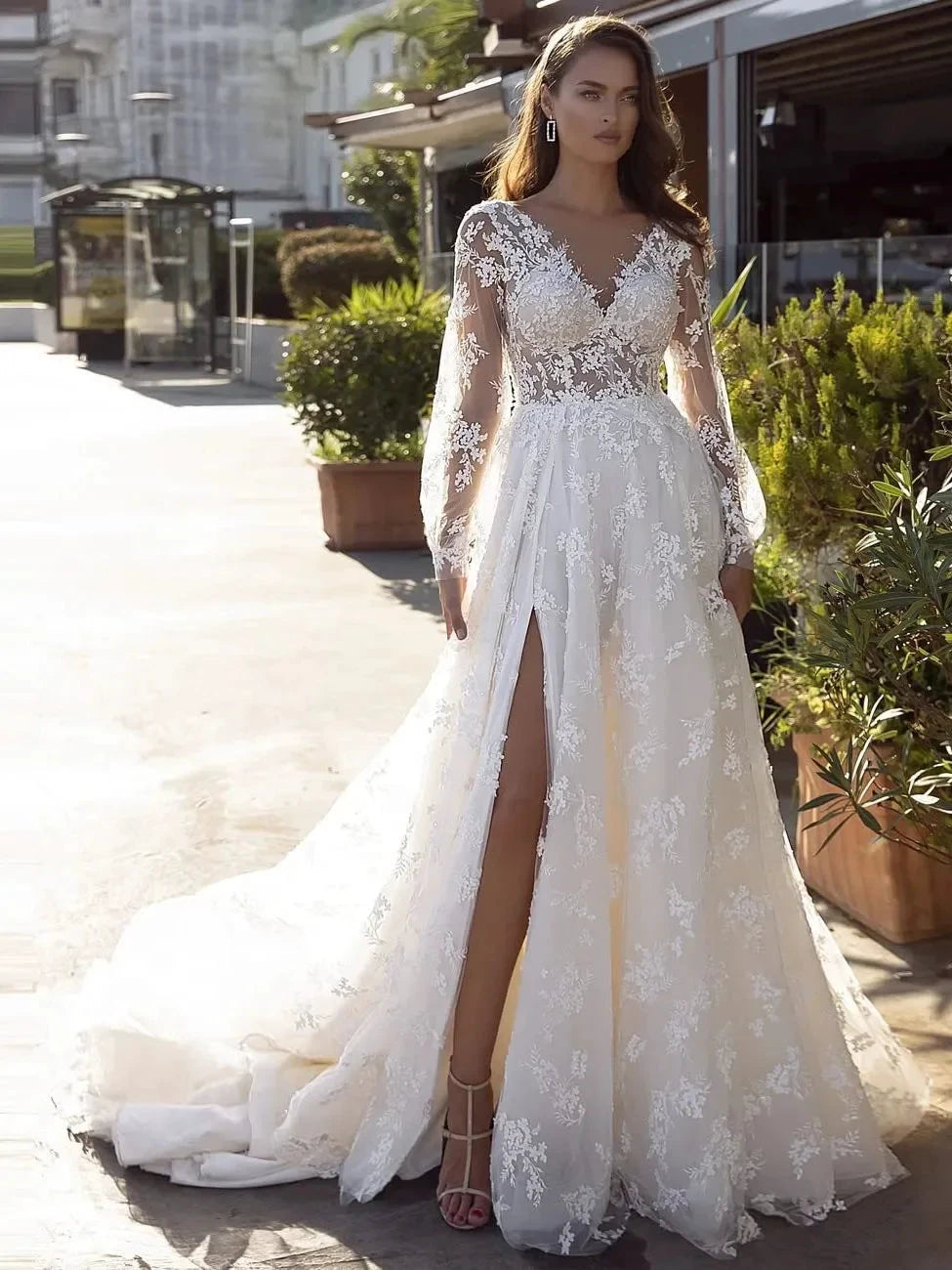New Long Sleeves Vestidos De Novia Appliques Vestido De Noiva V-Neck Backless Wedding Dresses Lace Robe De Mariée by payinti