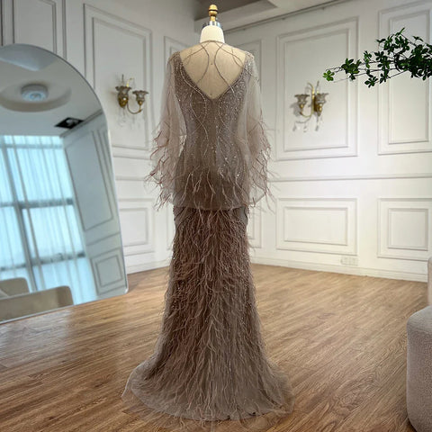 Luxury Caramel Feather Beaded Mermaid Evening Dress LA71866