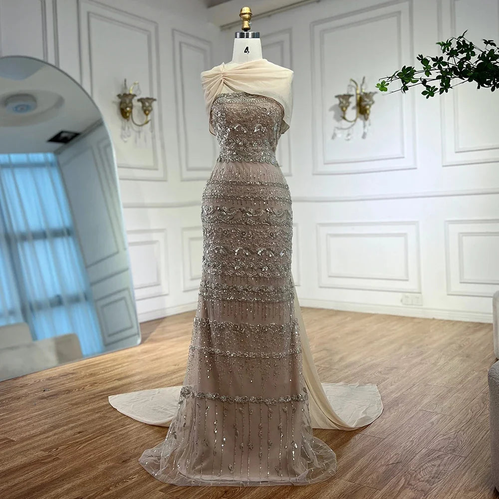 Zapdress 2026 Customized Nude Mermaid Sleeveless Evening Dress with Long Cape Dubai Wedding Party Gowns for Women DLA72126B (ZD17331)
