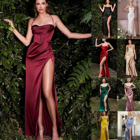 2025 Sexy Backless High Split Ruched Evening Dress