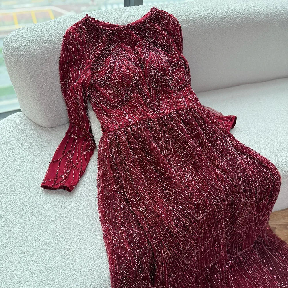 Zapdress Wine Red Long Sleeves Muslim A-line Evening Dress Pearls Beaded Party Gowns for Women Plus Size Customized DLA72738B (ZD17339)