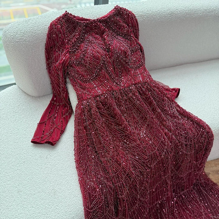 Serene Hill Wine Red Long Sleeves Muslim A-line Evening Dress Pearls Beaded Party Gowns for Women Plus Size Customized DLA72738B