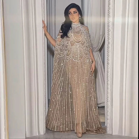 Luxury Champagne Kaftan Evening Gown Wedding Formal Dress LA72945