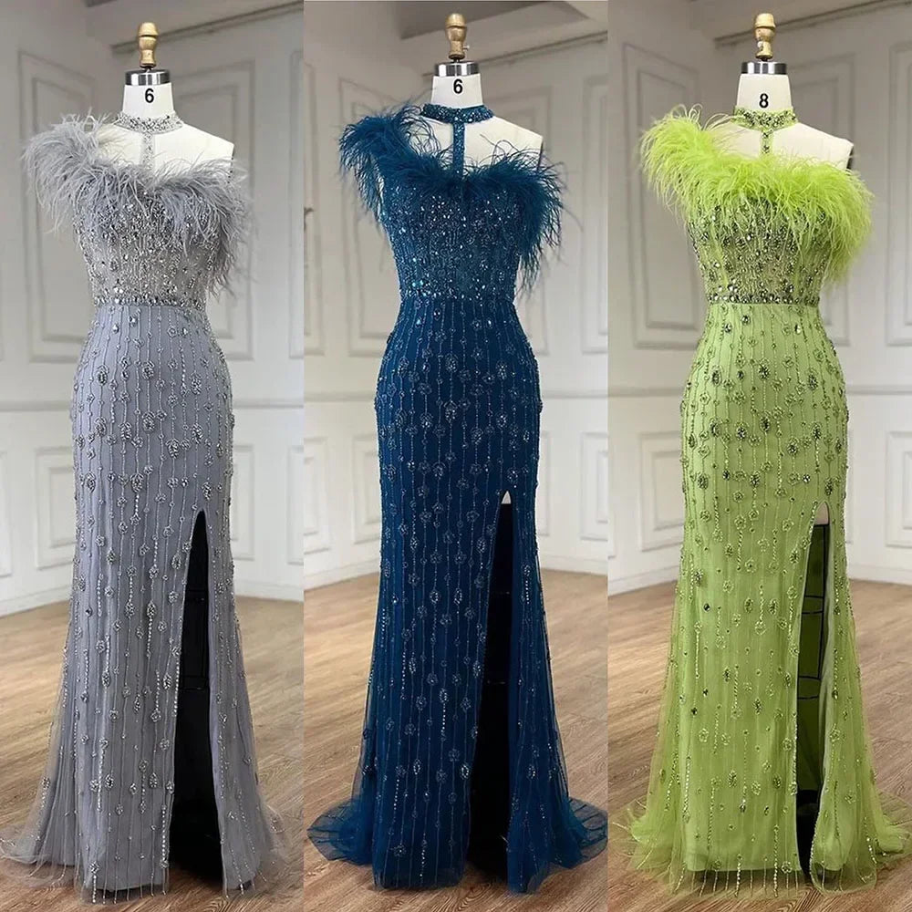 Zapdress Customized 2025 Gray Halter Feathers Beaded Mermaid High Split Evening Dresses Formal Party Gowns for Women (ZD17379)