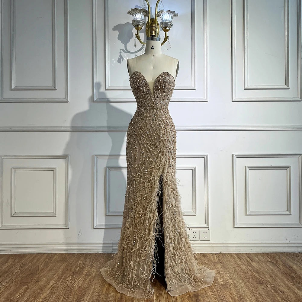 Zapdress Customized 2025 Strapless Blue Luxury Beaded Feathers Slit Open Evening Party Gowns for Women (ZD17371)