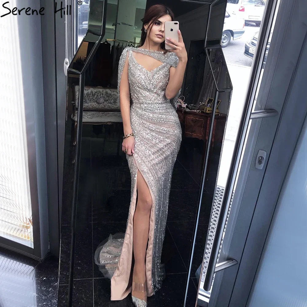 Zapdress Customized Silver Nude Beaded Mermaid Evening Dresses 2025 Elegant Party Gowns For Women Wedding (ZD17383)
