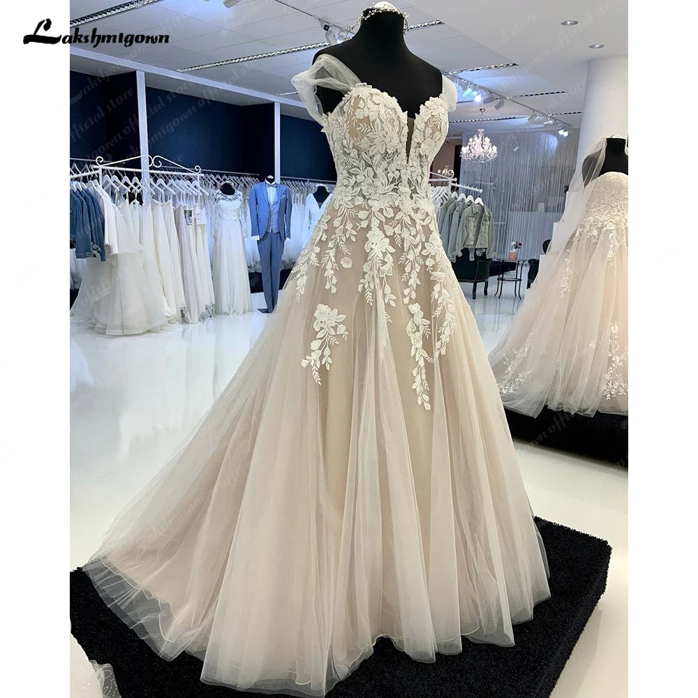 ZapDress Sexy Ladies Off Shoulder Lace Appliqués Beach Wedding Dresses Boho Bridal Gowns Sleeveless Robe Customized