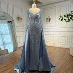 Zapdress Customized 2026 High-end Beaded Blue Long Sleeves Evening Dress with Overskirt Satin Party Gowns for Women (ZD17332)